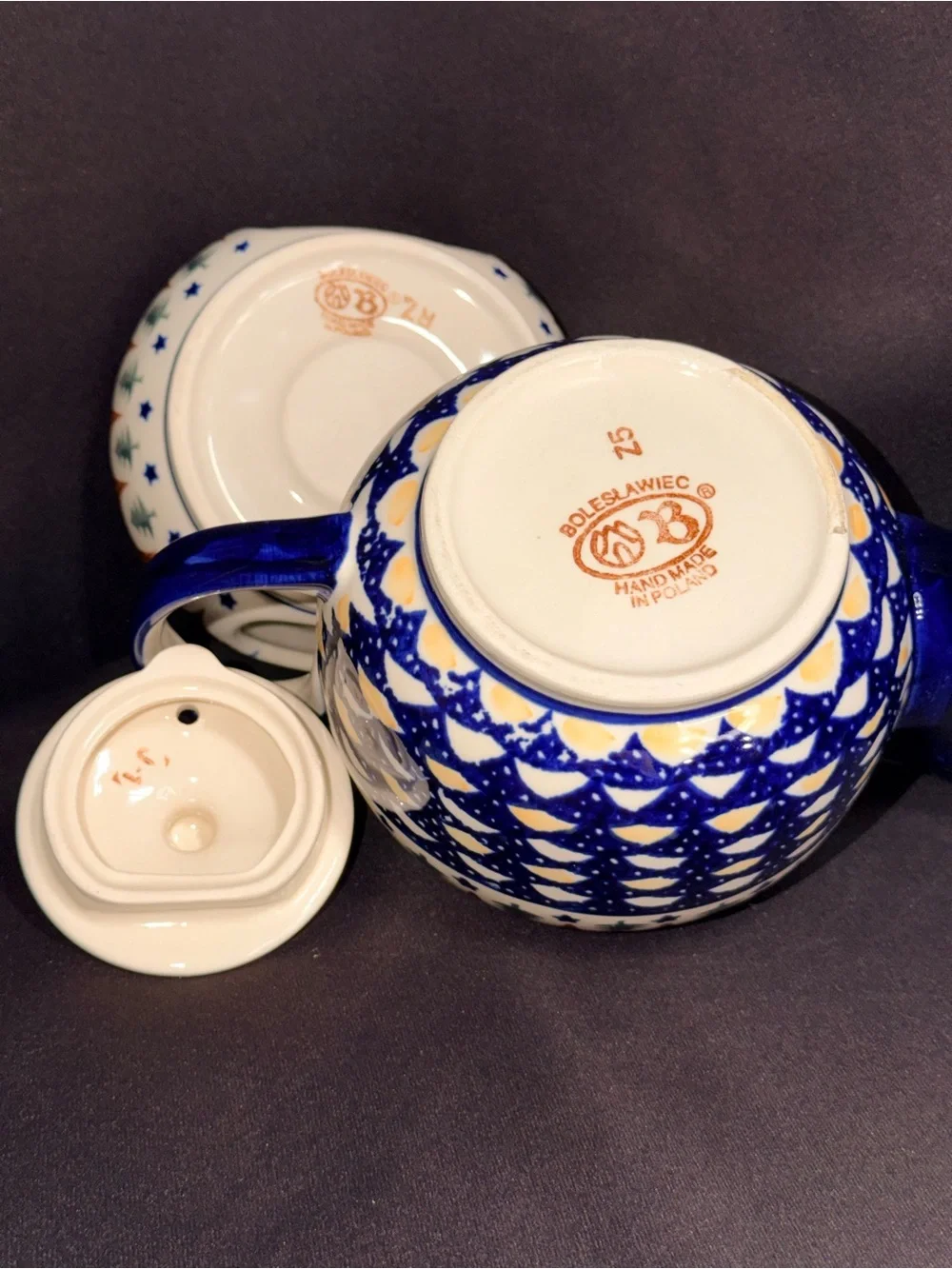 Blue and White Ceramic Teapot with Green and Brown Pattern